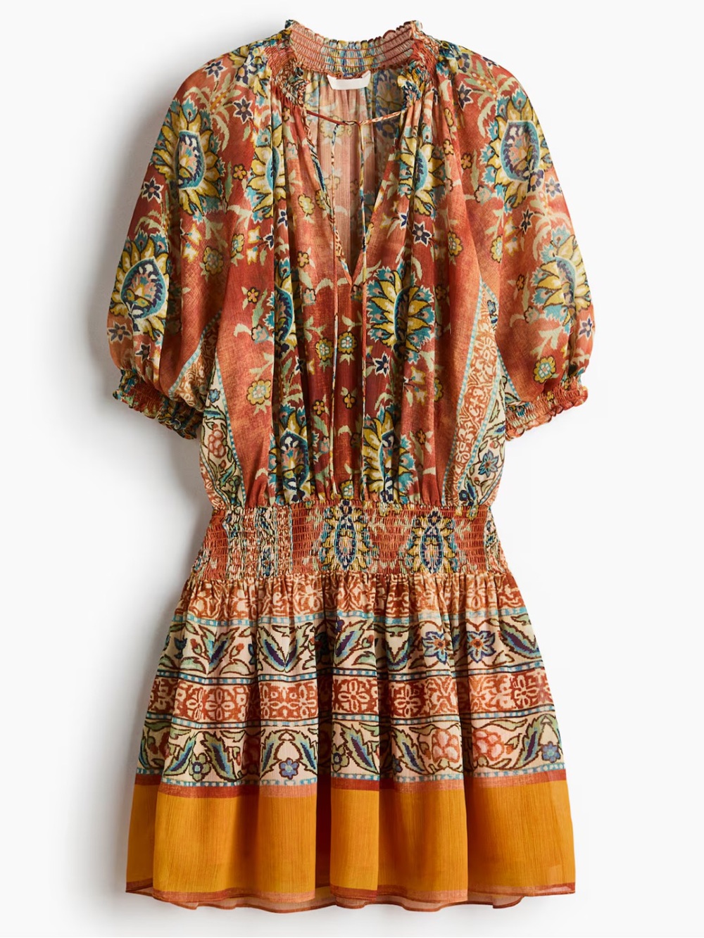 Bohemian Rust Floral Smocked Waist Mini Dress